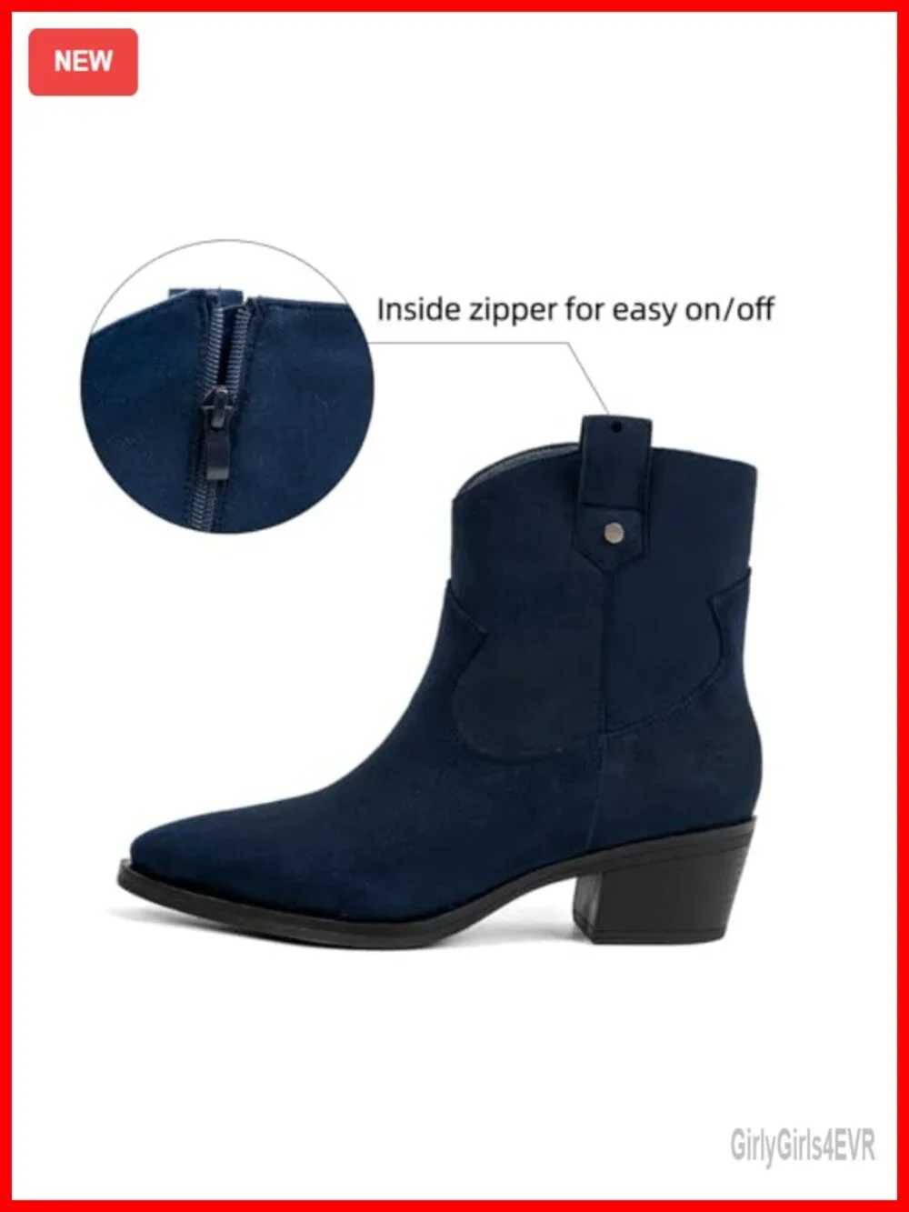Women's Western Ankle Boots Pointed Toe Low Chunky Heel Side Zipper Faux Suede